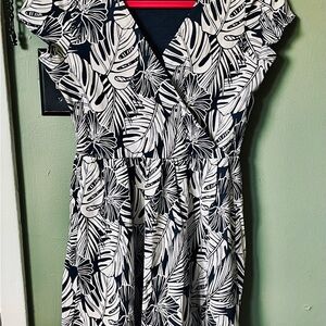 Pact Navy and Cream Leaf Print Dress